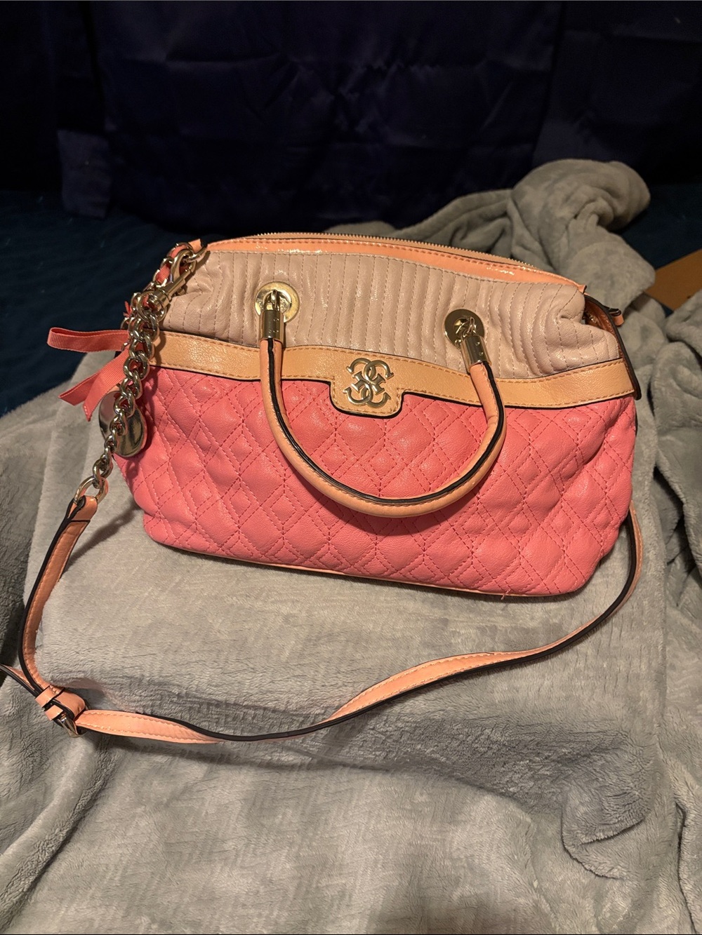 GUESS PreLoved Quilted Two-Tone Coral and Beige Satchel Handbag